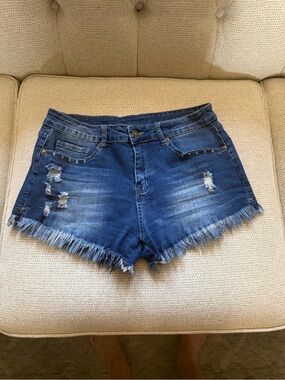 Frayed Hem Dark Blue Denim Jean Shorts